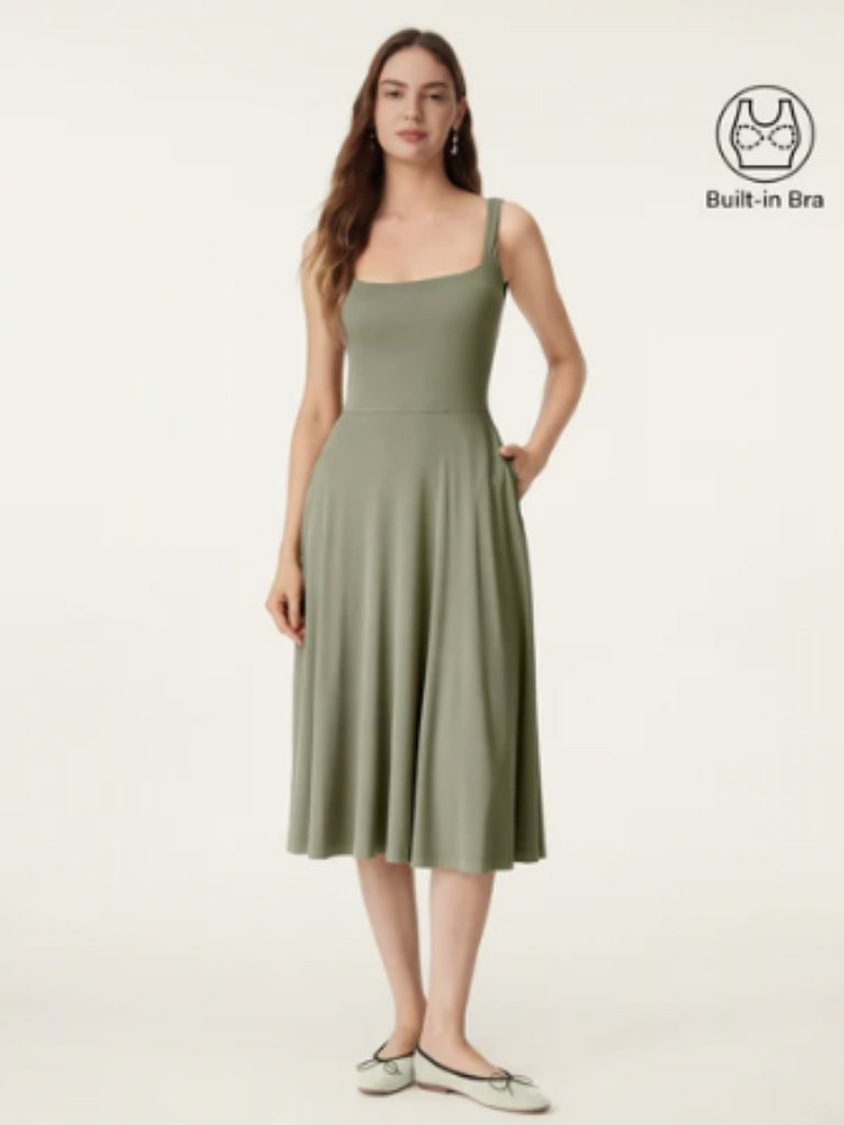 Ogl Square Neck Flowy New Airy Bra Midi Dress